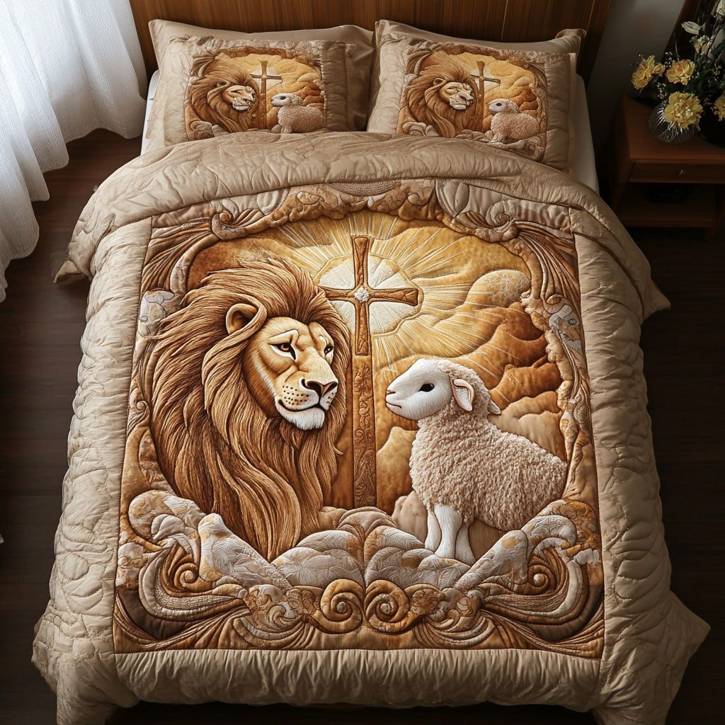 Divine Grace quilted 3-piece bedding set on a made bed in a softly lit bedroom