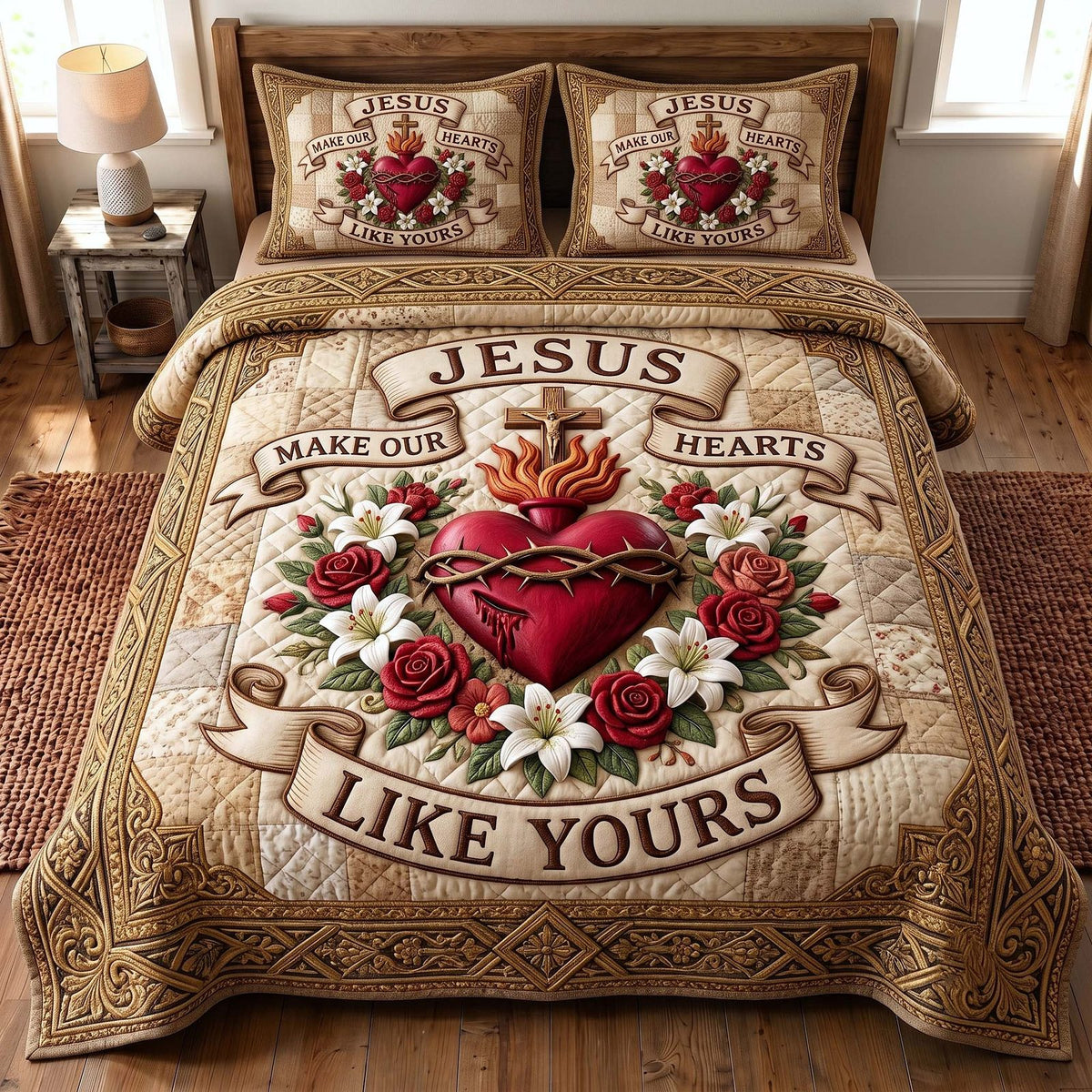 Divine Heart quilted 3-piece bedding set on a made bed in a softly lit bedroom