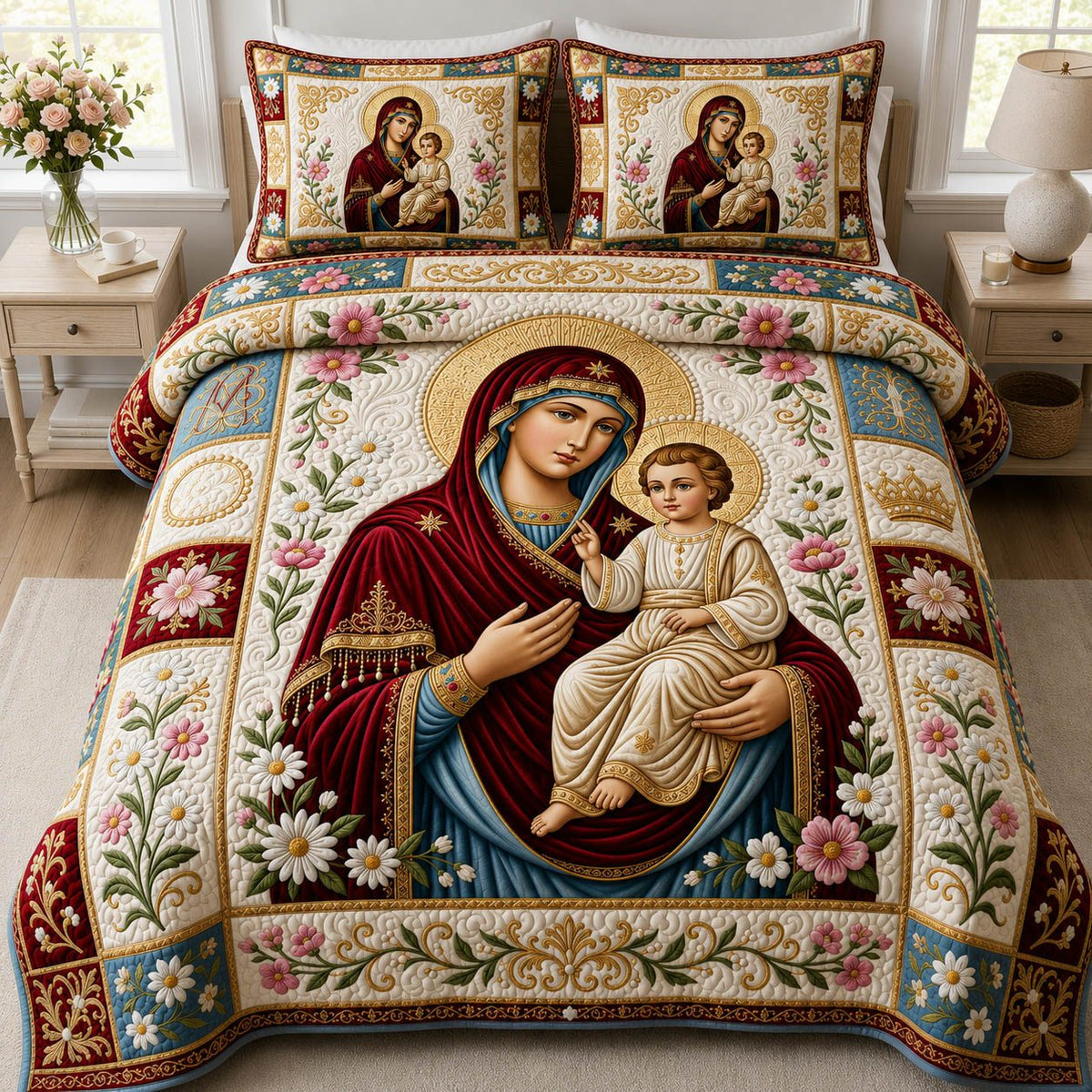 Divine Madonna quilted 3-piece bedding set on a made bed in a softly lit bedroom