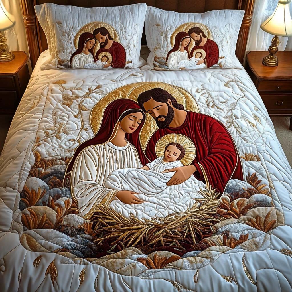 Divine Peace quilted 3-piece bedding set on a made bed in a softly lit bedroom