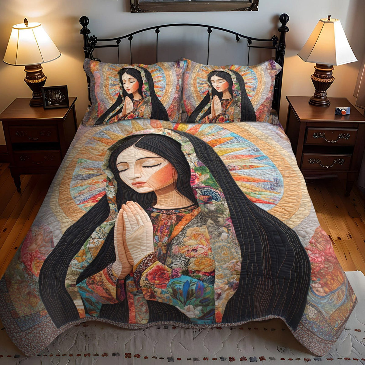 Divine Radiance quilted 3-piece bedding set on a made bed in a softly lit bedroom