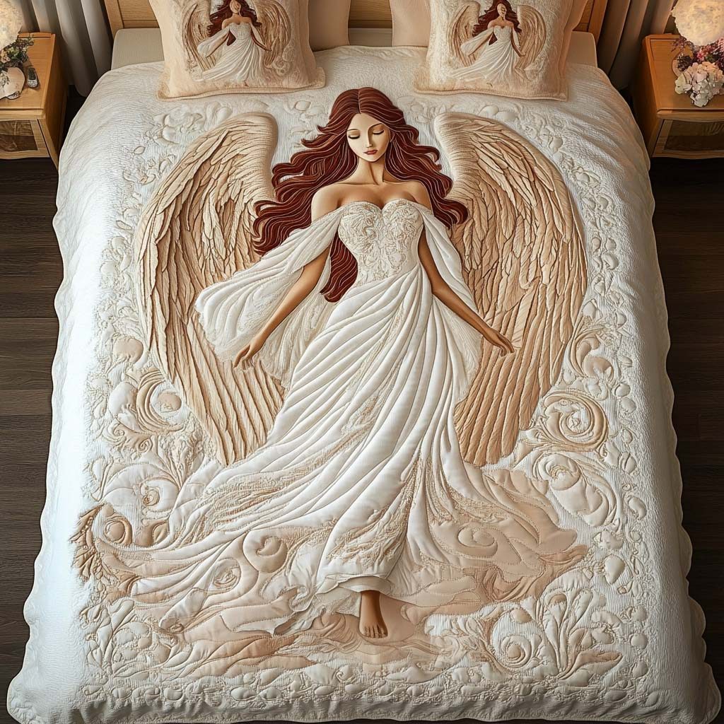 Divine Serenity quilted 3-piece bedding set on a made bed in a softly lit bedroom