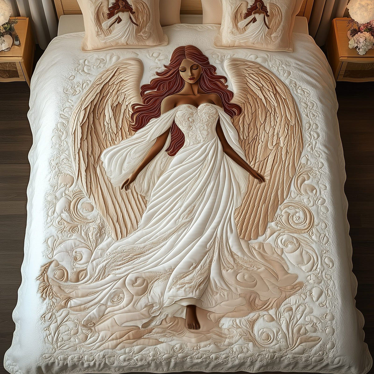 Divine Serenity quilted 3-piece bedding set on a made bed in a softly lit bedroom