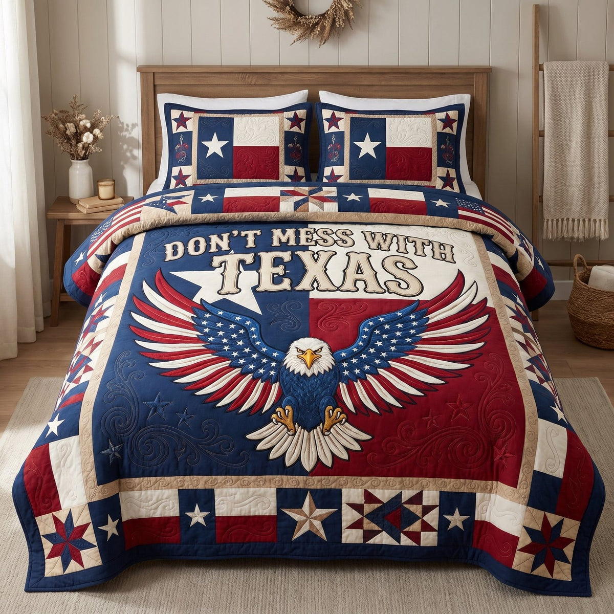 Do Not Mess With Texas quilted 3-piece bedding set on a made bed in a rustic timber bedroom