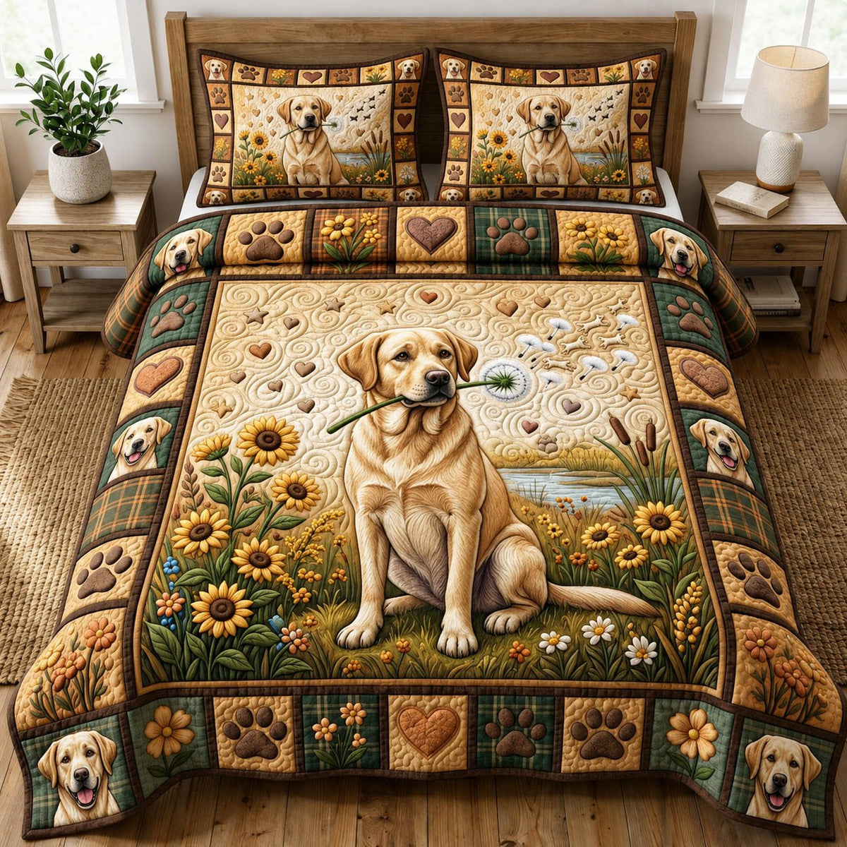 Dog Lover quilted 3-piece bedding set on a made bed with two matching pillow shams