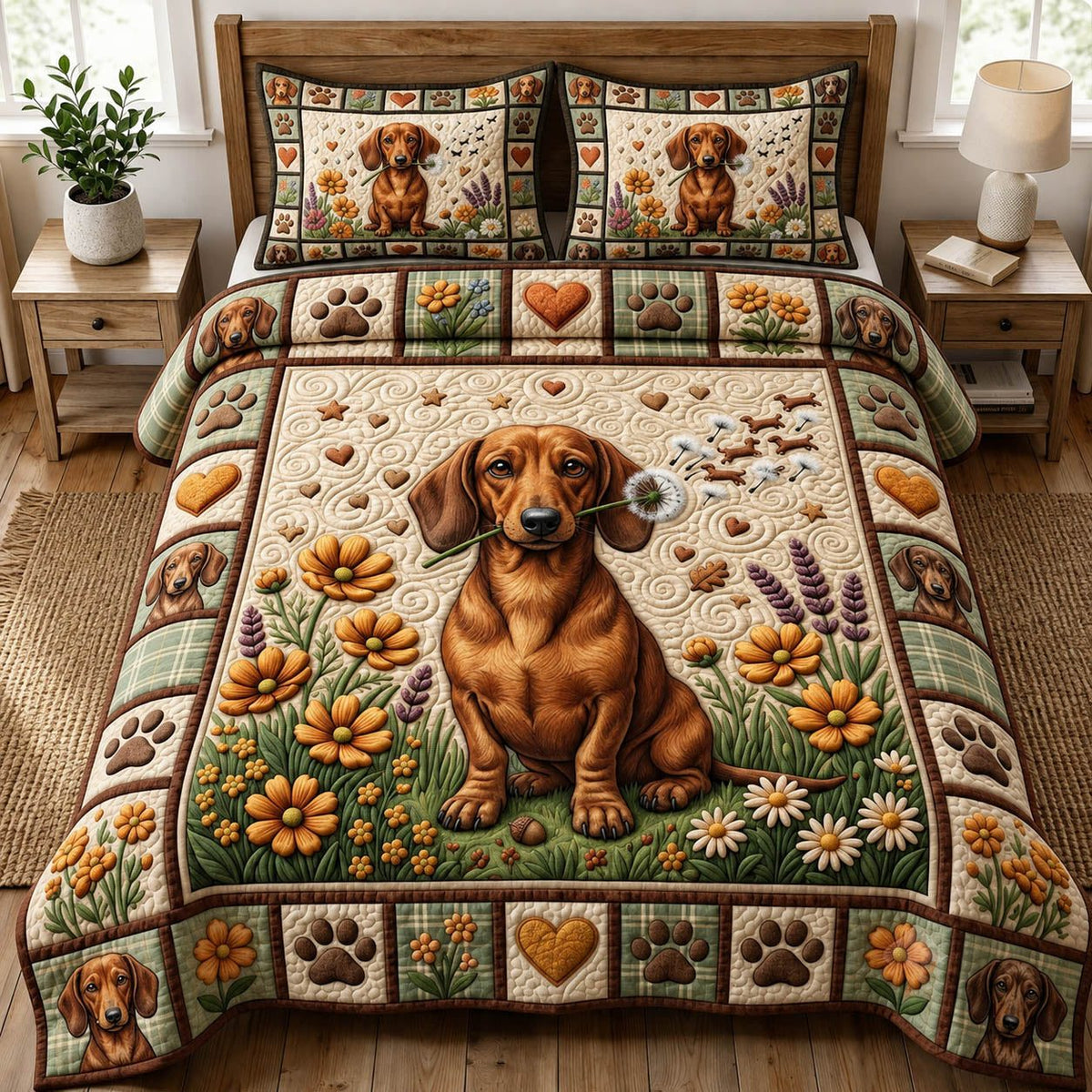 Dog Lover quilted 3-piece bedding set on a made bed with two matching pillow shams