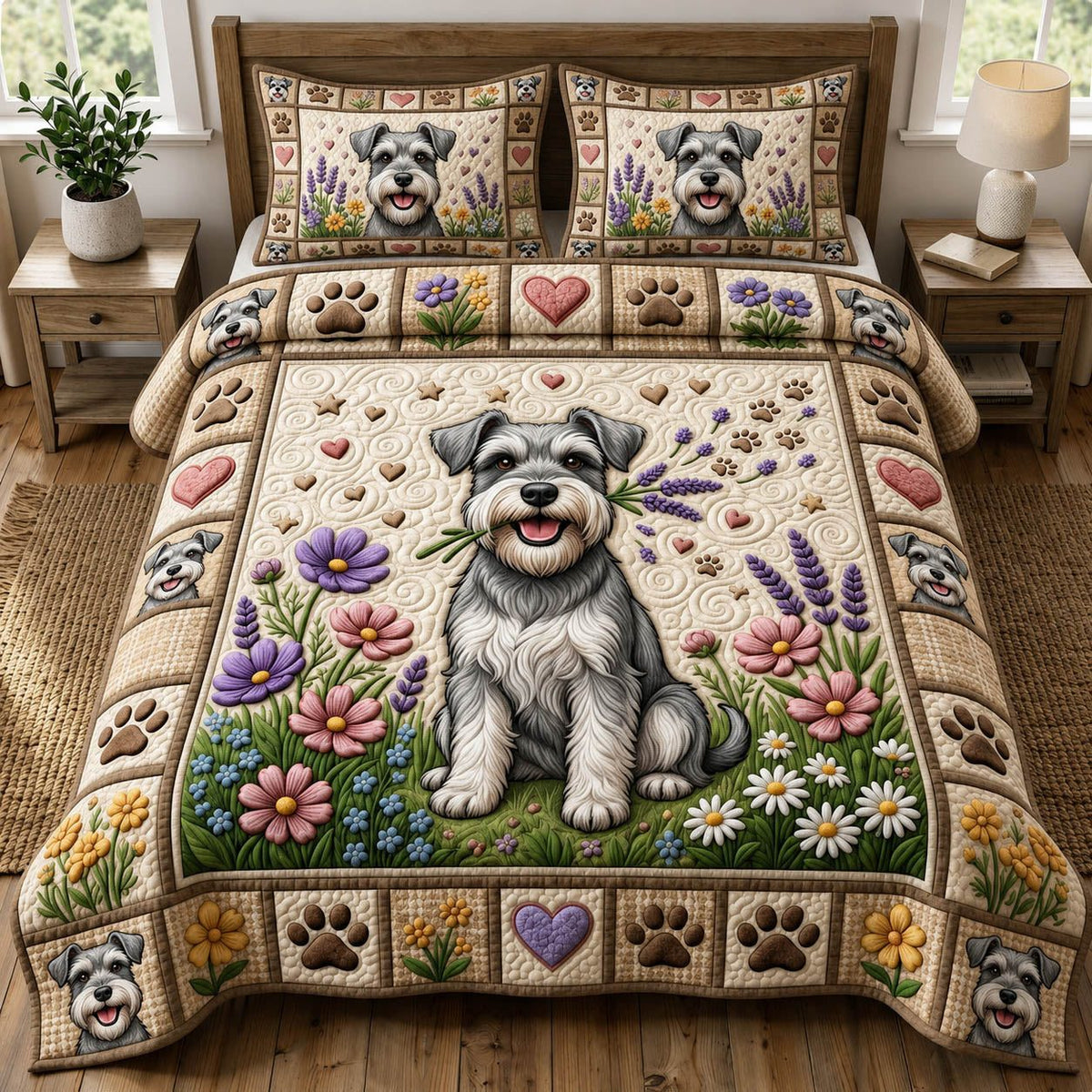Dog Lover quilted 3-piece bedding set on a made bed with two matching pillow shams