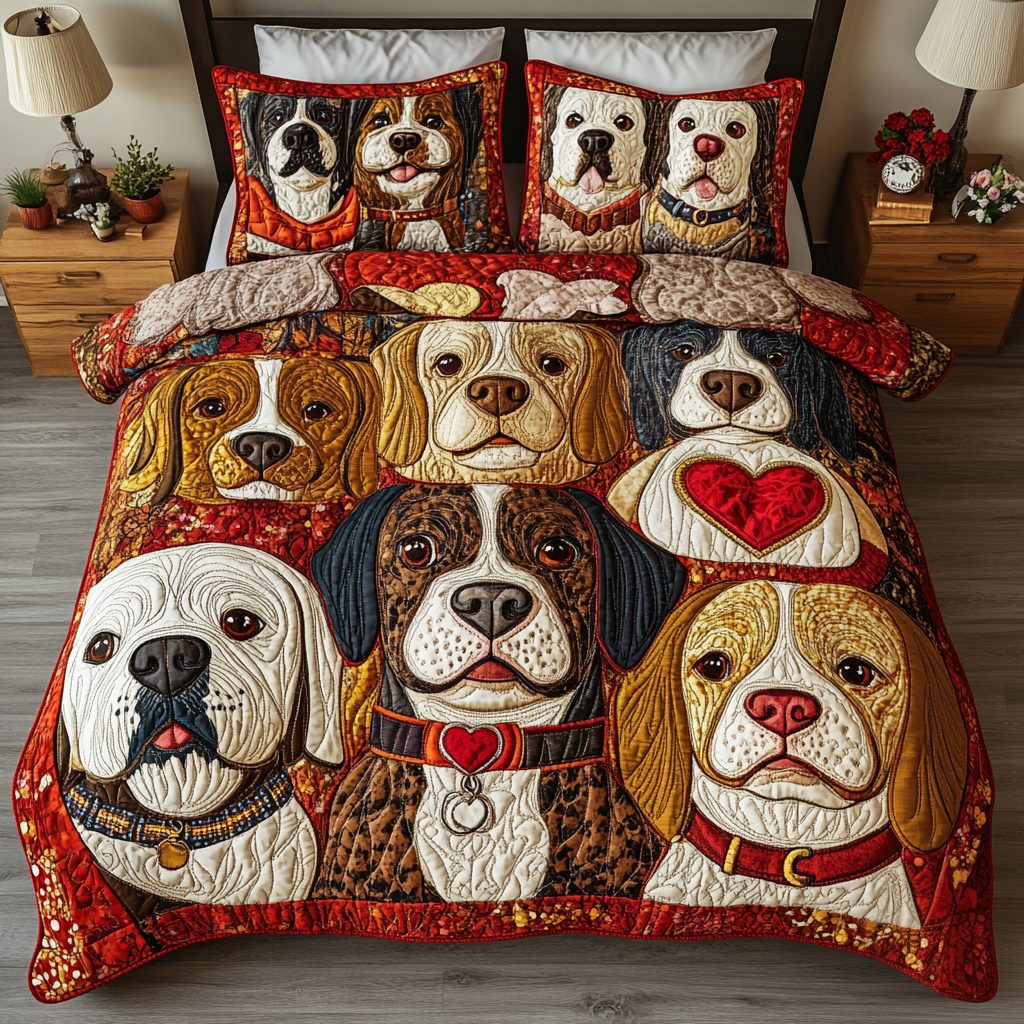 Dog Spirit quilted 3-piece bedding set on a made bed with two matching pillow shams
