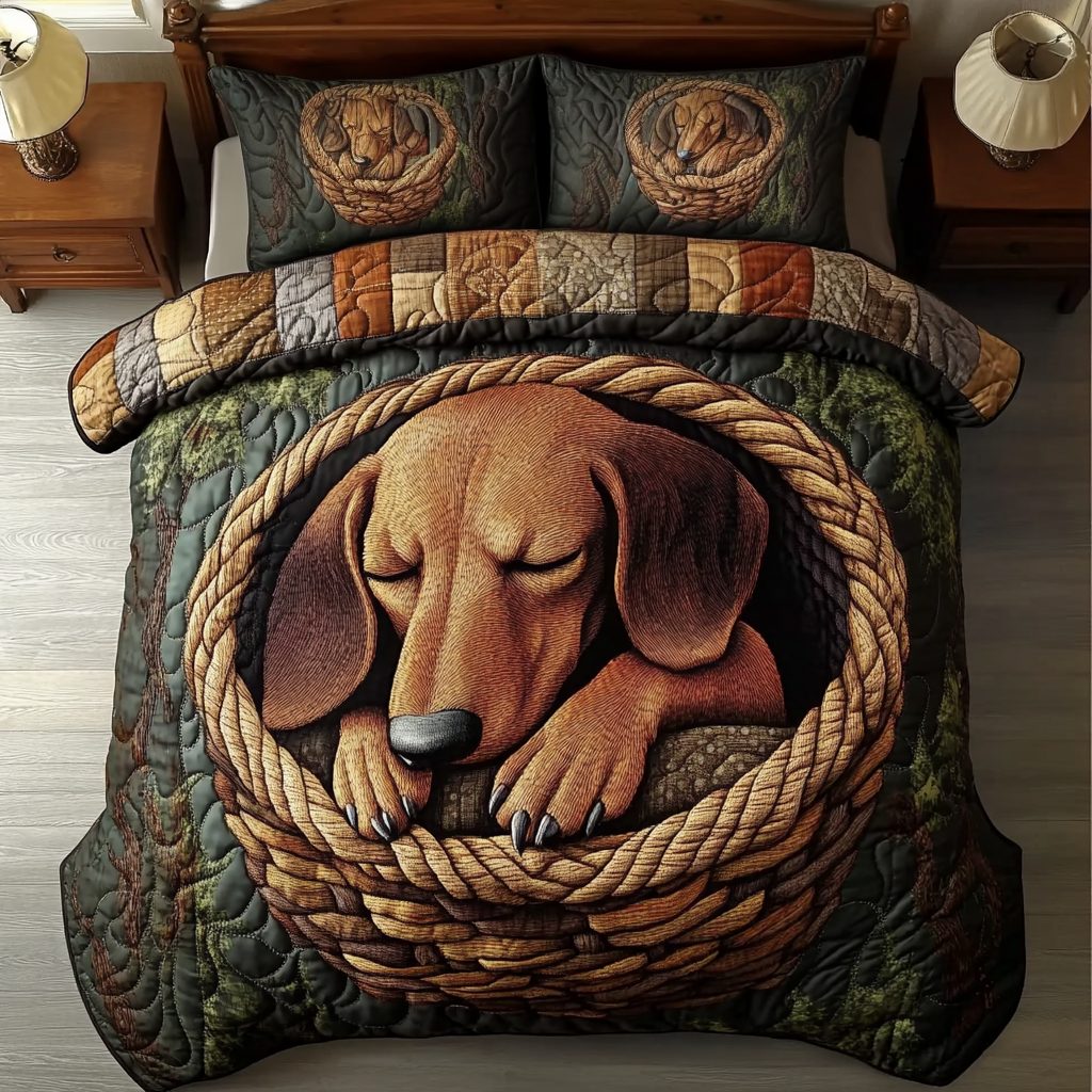 Doggy Dreams quilted 3-piece bedding set on a made bed with two matching pillow shams