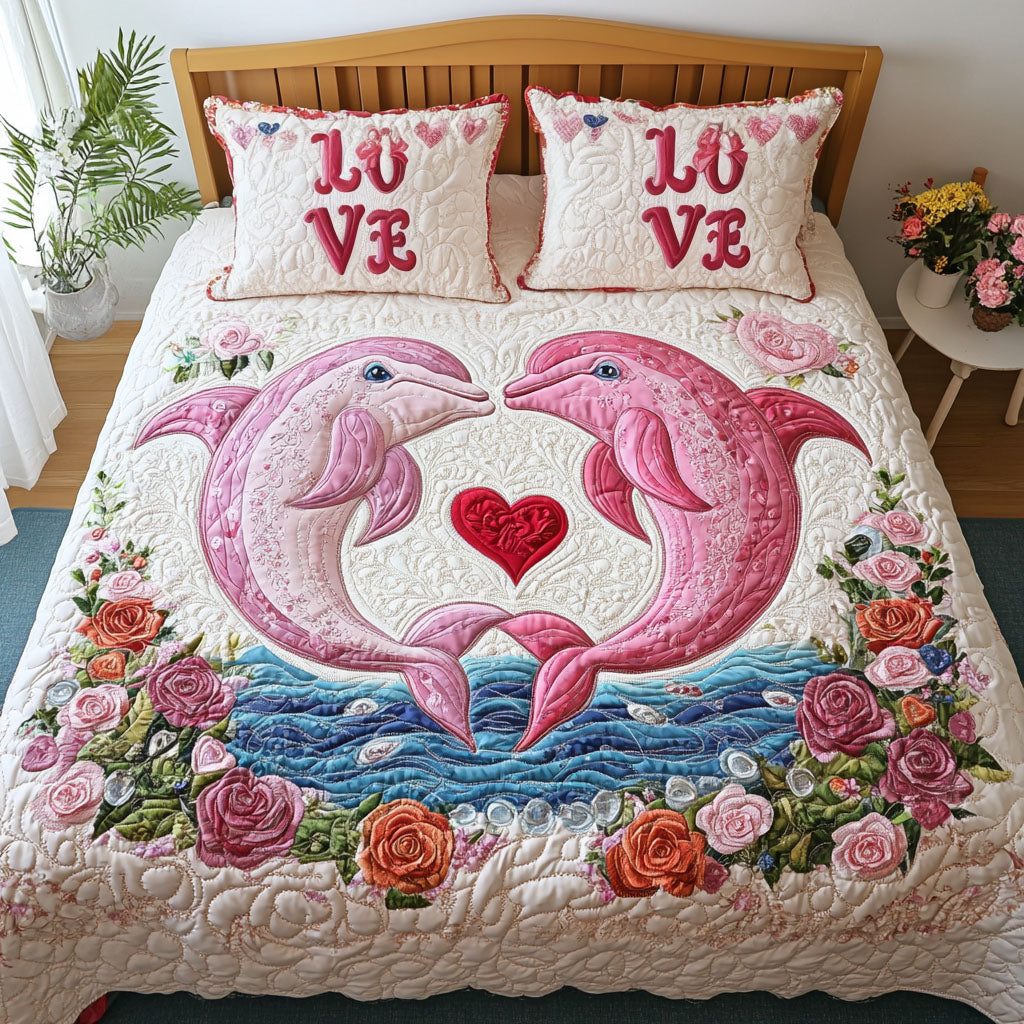 Dolphin Harmony quilted 3-piece bedding set on a made bed in a light coastal bedroom