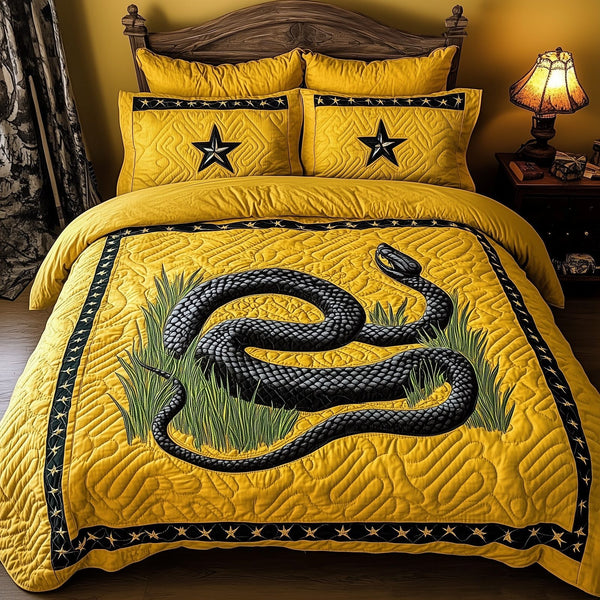 Don't Tread On Me quilted 3-piece bedding set on a made bed with two matching pillow shams