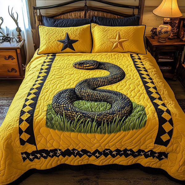 Don't Tread On Me quilted 3-piece bedding set on a made bed with two matching pillow shams