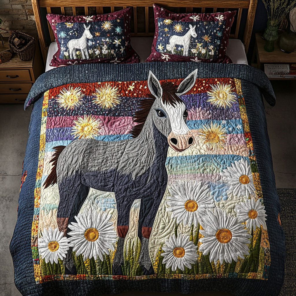 Donkey of Hope quilted 3-piece bedding set on a made bed with two matching pillow shams