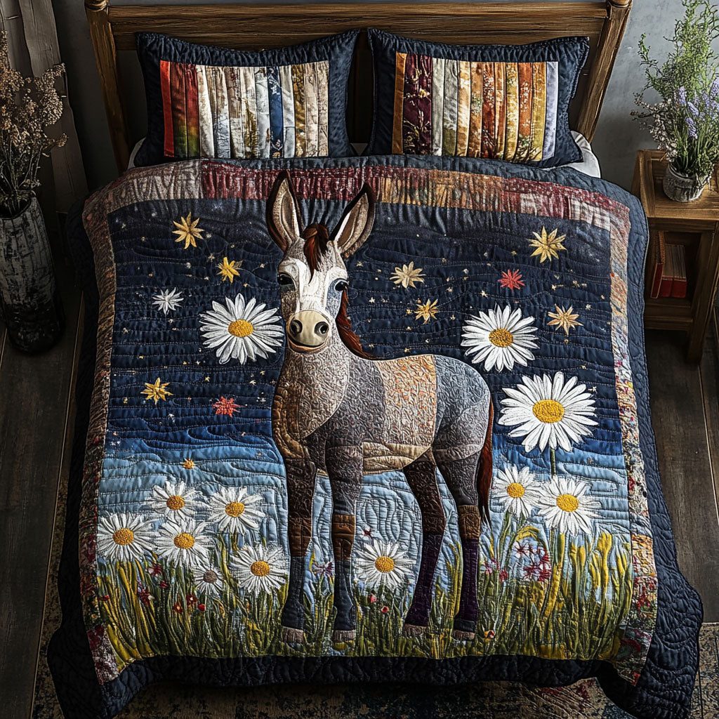 Donkey of Justice quilted 3-piece bedding set on a made bed with two matching pillow shams