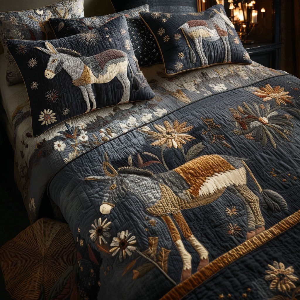 Donkey of Valor quilted 3-piece bedding set on a made bed with two matching pillow shams