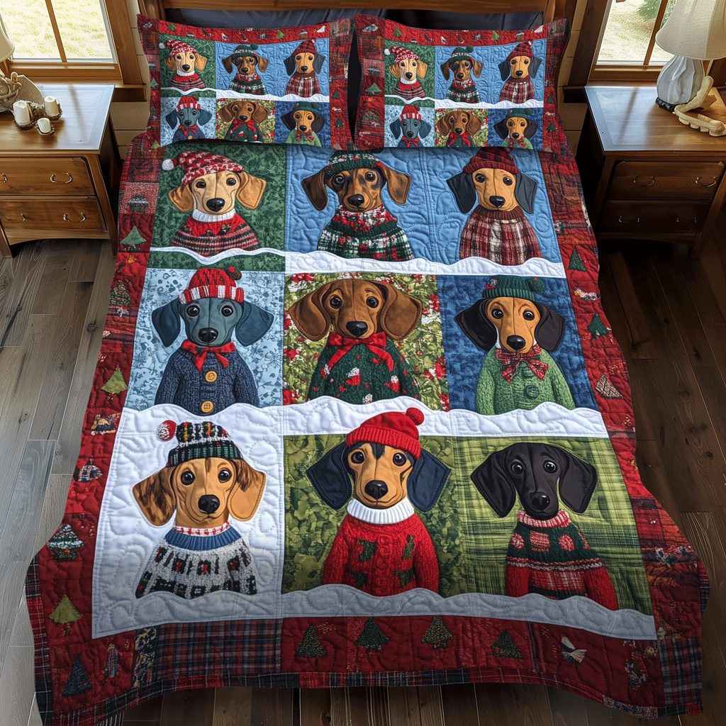 Doxie Darlings quilted 3-piece bedding set on a made bed with two matching pillow shams