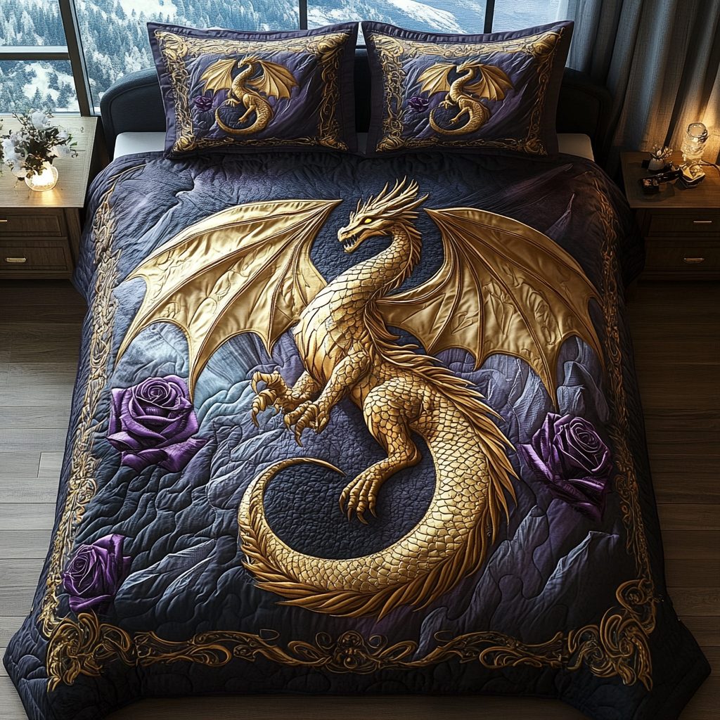 Draconic Majesty quilted 3-piece bedding set on a made bed with two matching pillow shams