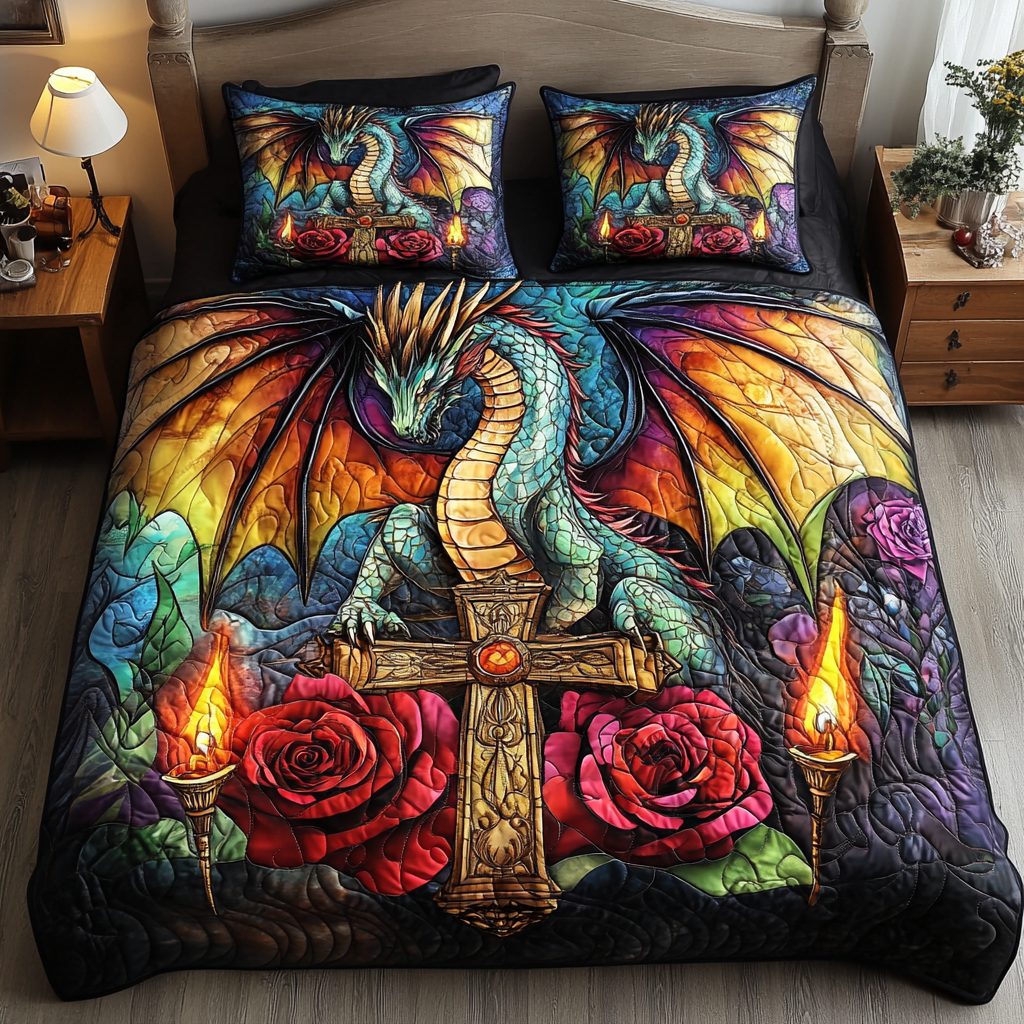 Draconic Realm quilted 3-piece bedding set on a made bed with two matching pillow shams