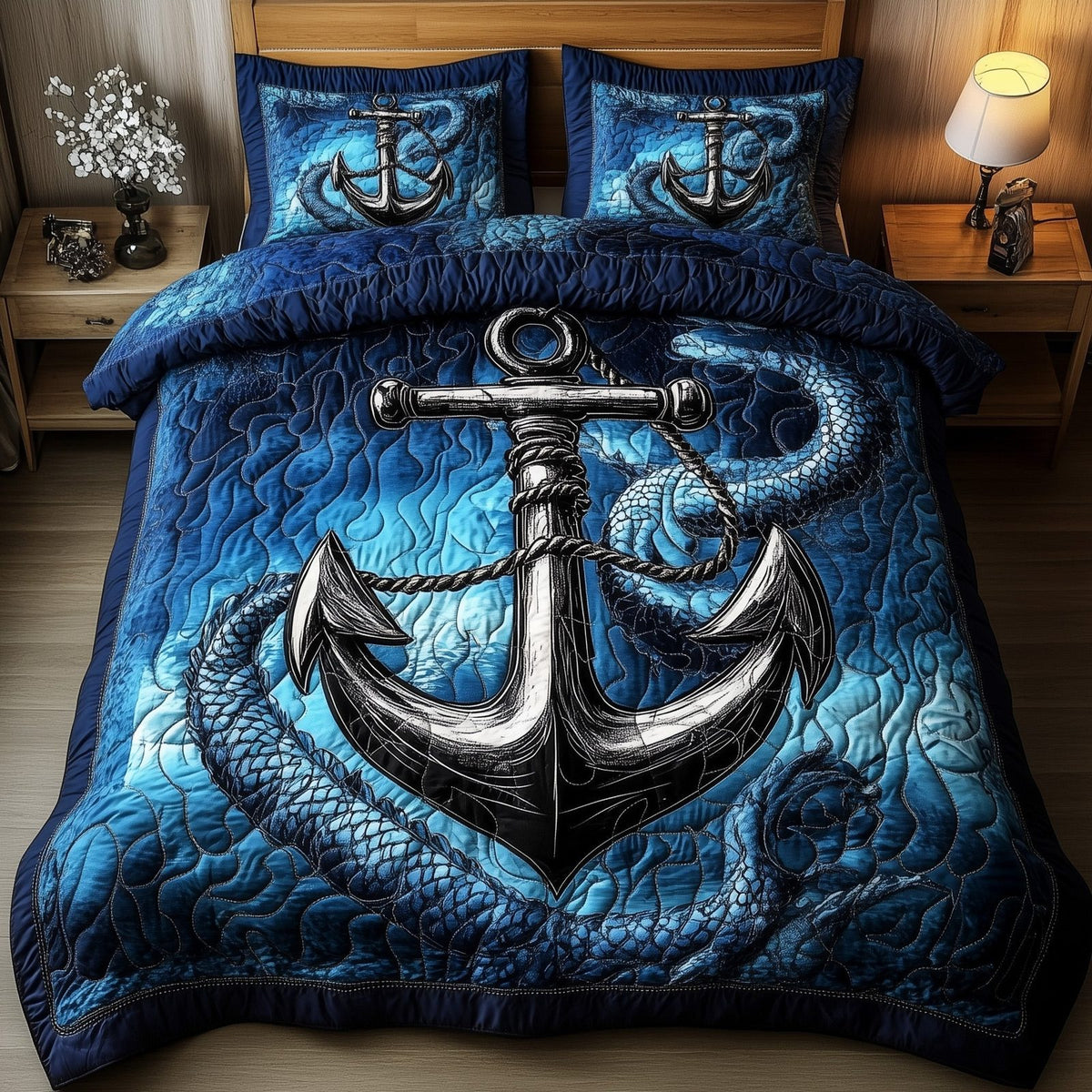 Dragon Anchor quilted 3-piece bedding set on a made bed in a light coastal bedroom