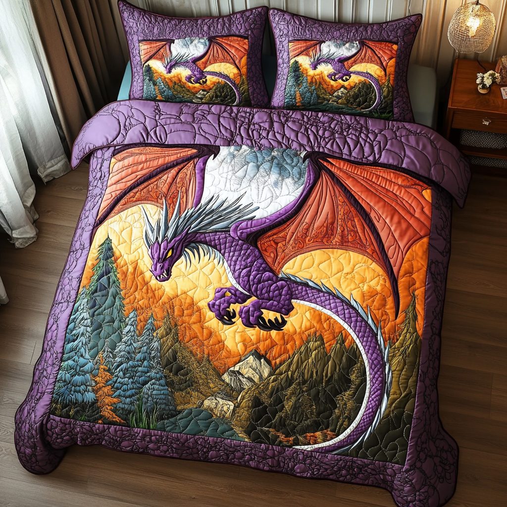 Dragon Brave quilted 3-piece bedding set on a made bed with two matching pillow shams