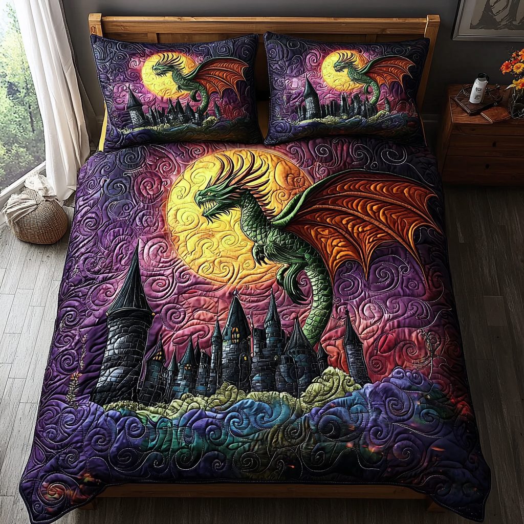 Dragon Castle quilted 3-piece bedding set on a made bed with two matching pillow shams