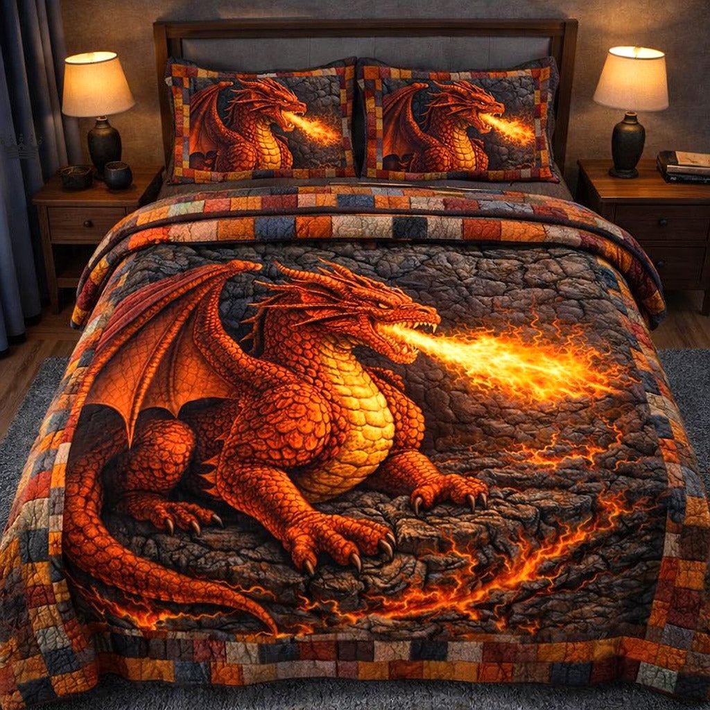 Dragon Charm quilted 3-piece bedding set on a made bed with two matching pillow shams