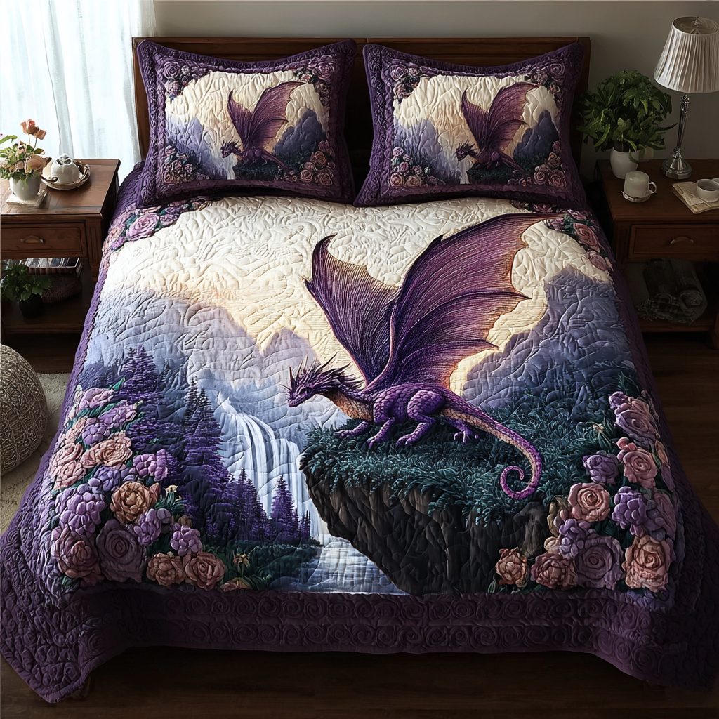 Dragon Embrace quilted 3-piece bedding set on a made bed with two matching pillow shams