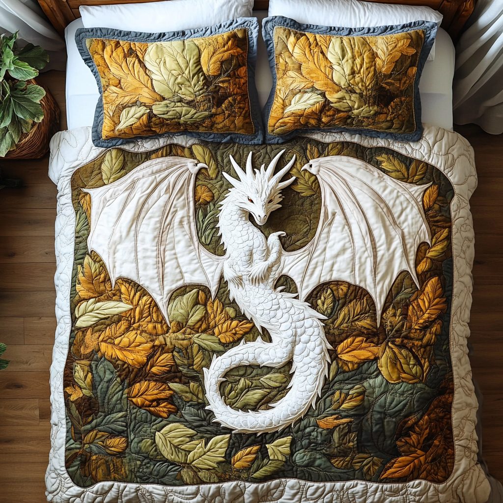 Dragon Fall Forest quilted 3-piece bedding set on a made bed with two matching pillow shams