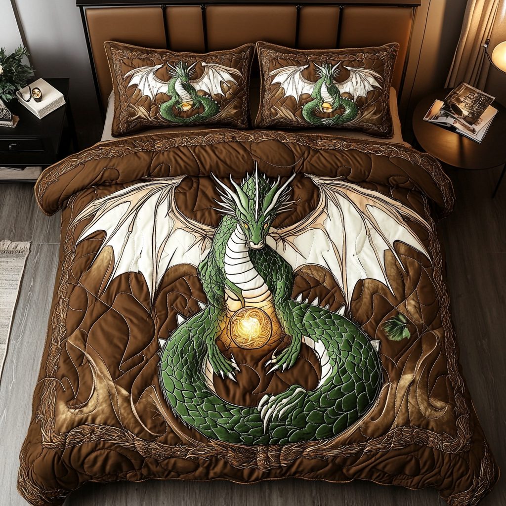 Dragon Fire quilted 3-piece bedding set on a made bed with two matching pillow shams