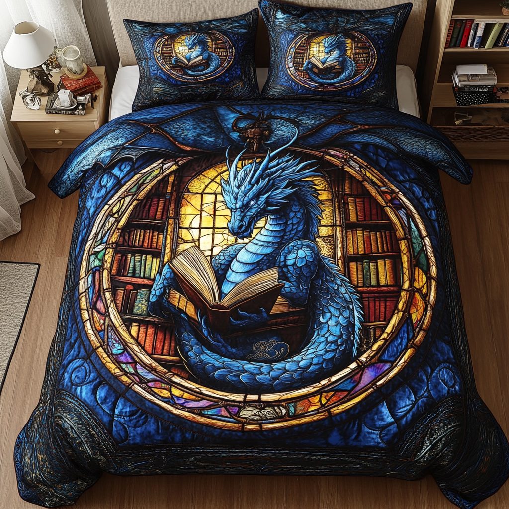 Dragon Fire quilted 3-piece bedding set on a made bed with two matching pillow shams