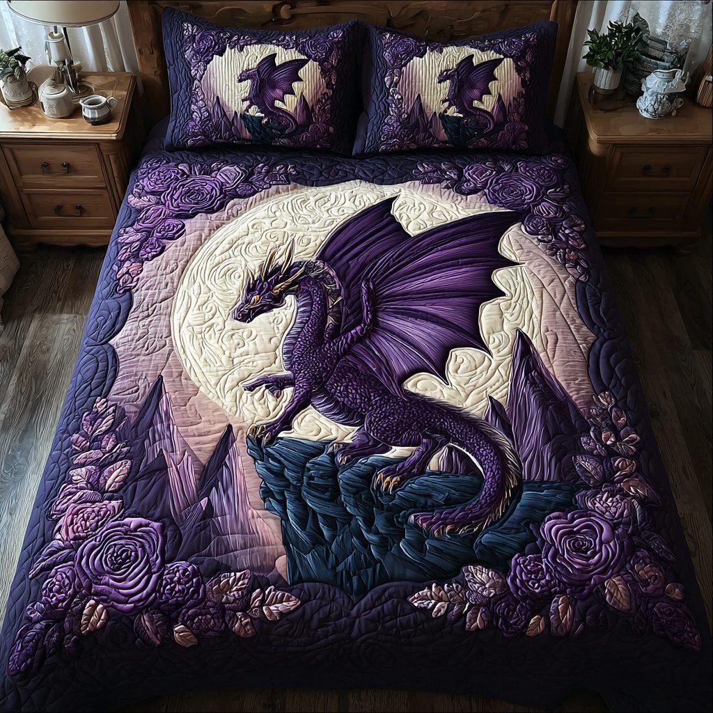 Dragon Fire quilted 3-piece bedding set on a made bed with two matching pillow shams