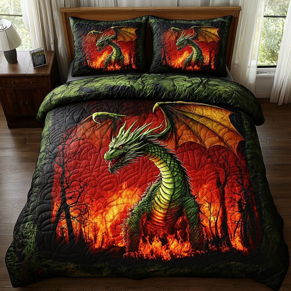 Dragon Fire quilted 3-piece bedding set on a made bed with two matching pillow shams