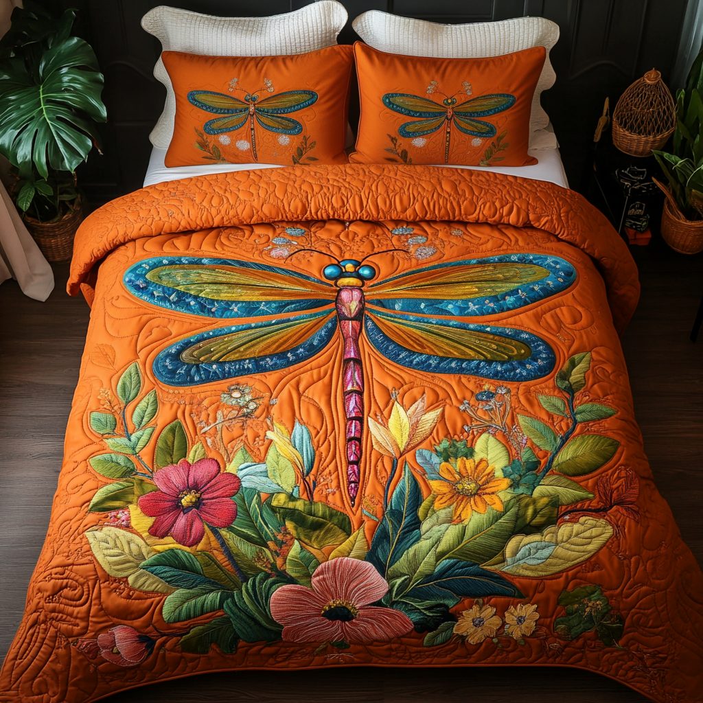 Dragon Flight quilted 3-piece bedding set on a made bed with two matching pillow shams