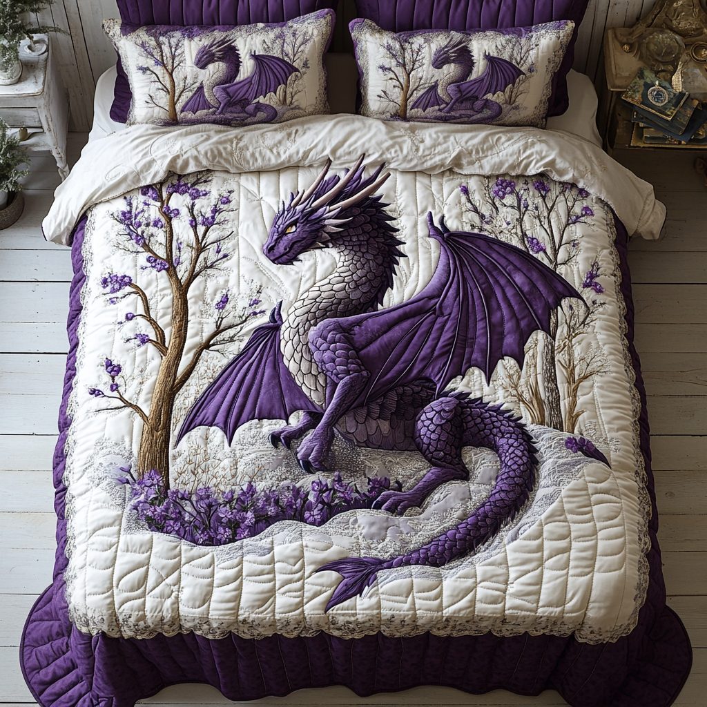 Dragon Forest quilted 3-piece bedding set on a made bed with two matching pillow shams