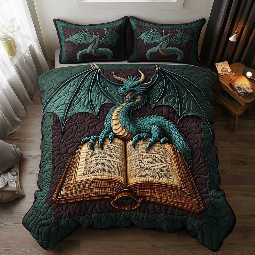 Dragon Gothic Book quilted 3-piece bedding set on a made bed against a dark styled interior