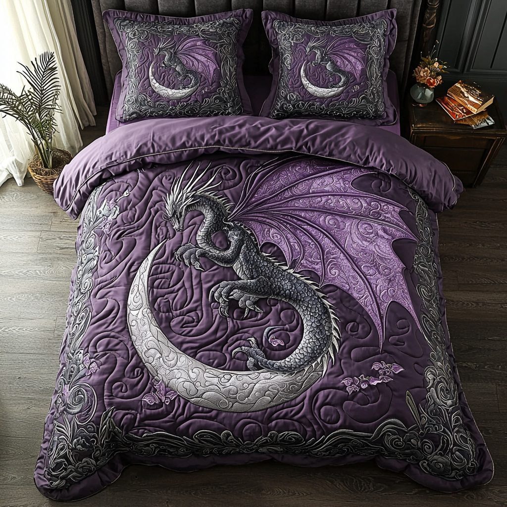 Dragon Heart quilted 3-piece bedding set on a made bed with two matching pillow shams