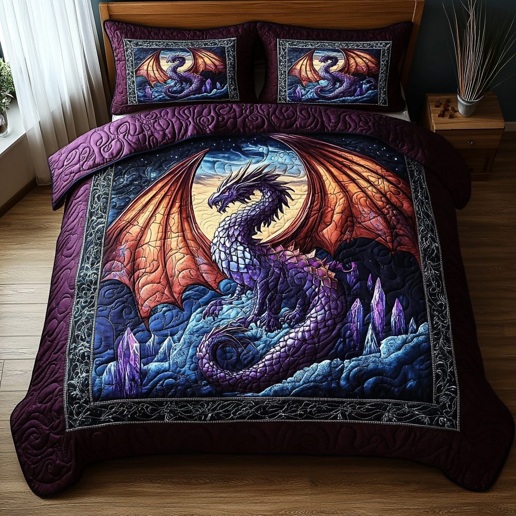Dragon Legend quilted 3-piece bedding set on a made bed with two matching pillow shams