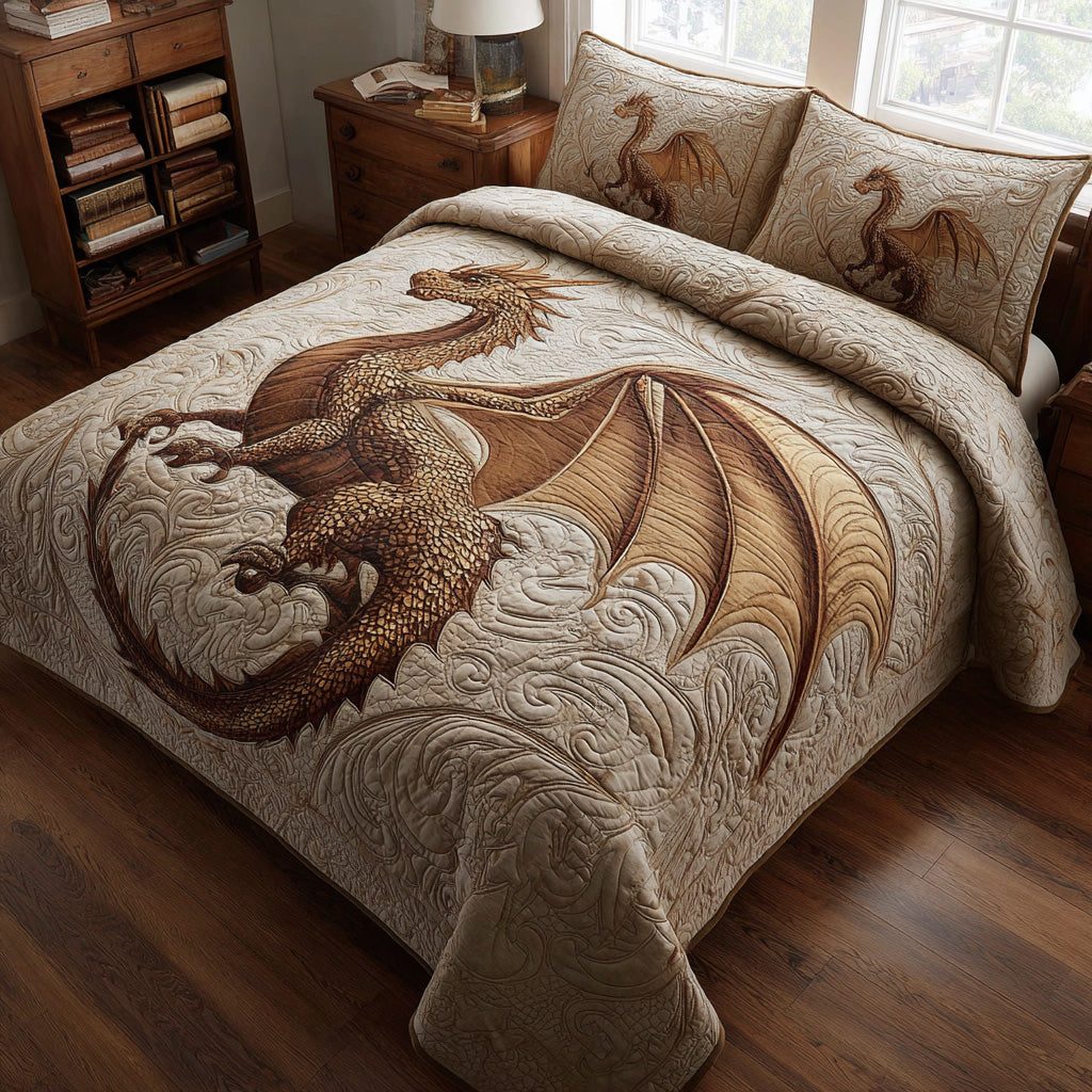 Dragon Light quilted 3-piece bedding set on a made bed with two matching pillow shams