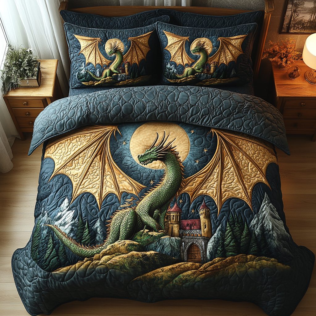 Dragon Lore quilted 3-piece bedding set on a made bed with two matching pillow shams
