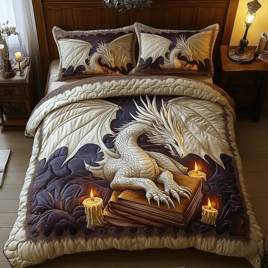 Dragon Mist quilted 3-piece bedding set on a made bed with two matching pillow shams