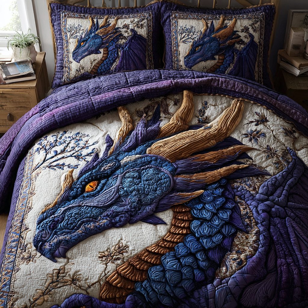 Dragon Path quilted 3-piece bedding set on a made bed with two matching pillow shams