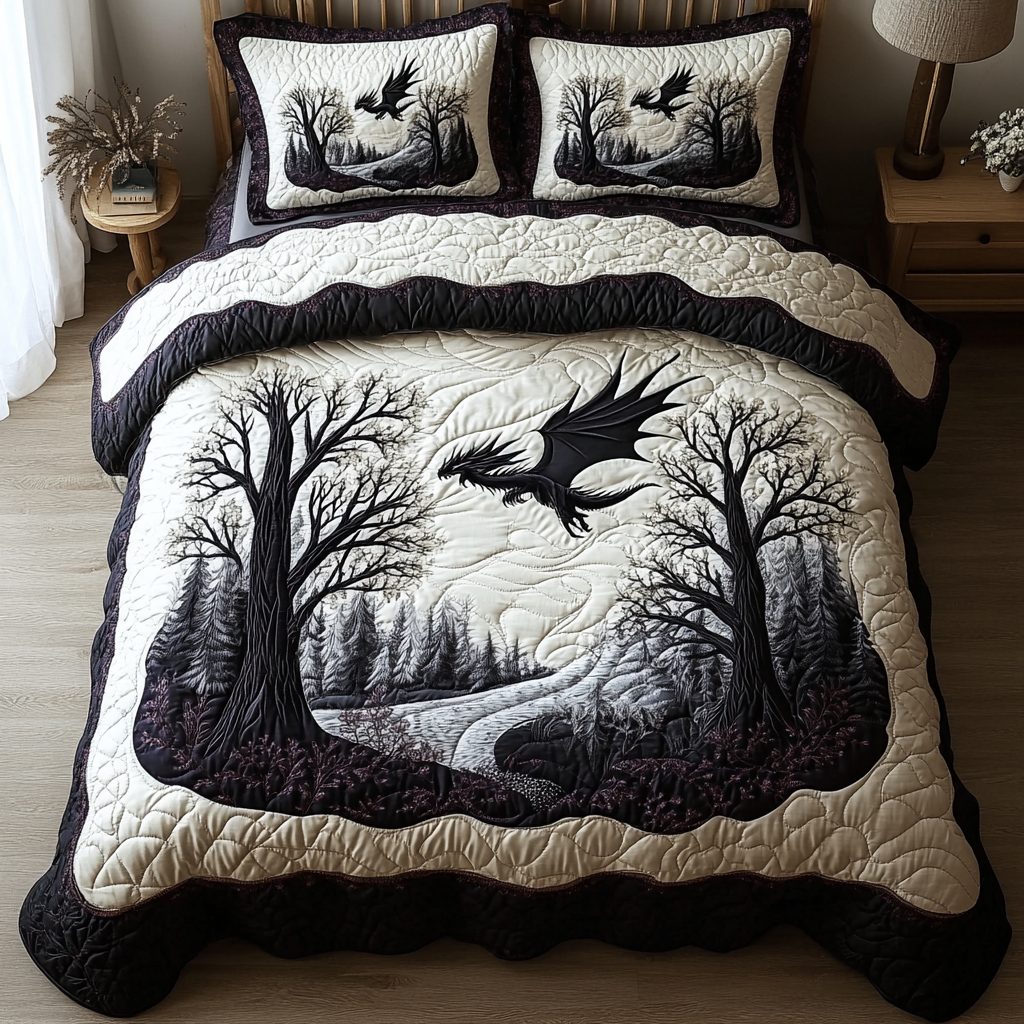 Dragon Power quilted 3-piece bedding set on a made bed with two matching pillow shams