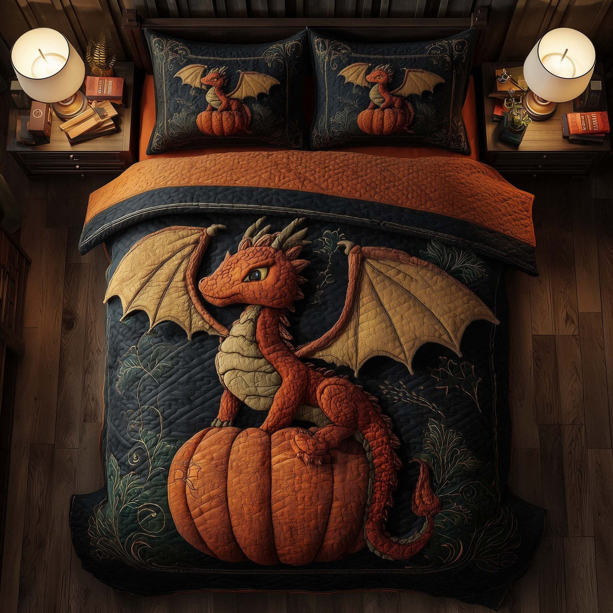 Dragon Pumpkin quilted 3-piece bedding set on a made bed against a dark styled interior
