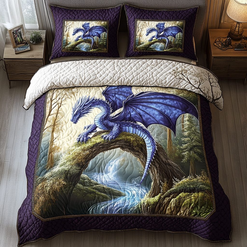 Dragon Roar quilted 3-piece bedding set on a made bed with two matching pillow shams