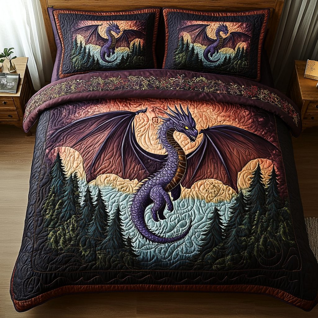 Dragon Rules quilted 3-piece bedding set on a made bed with two matching pillow shams