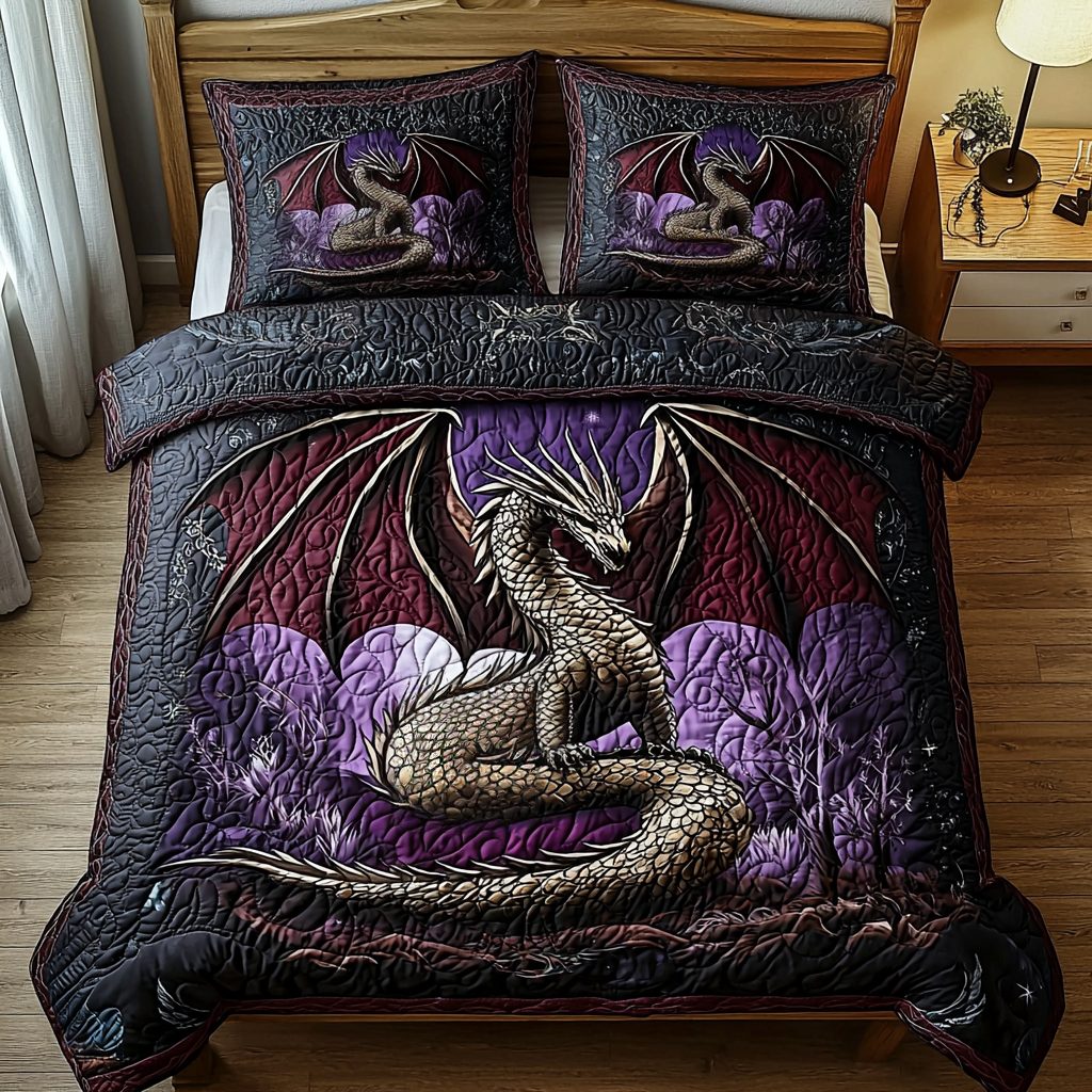Dragon Silver Wings quilted 3-piece bedding set on a made bed with two matching pillow shams