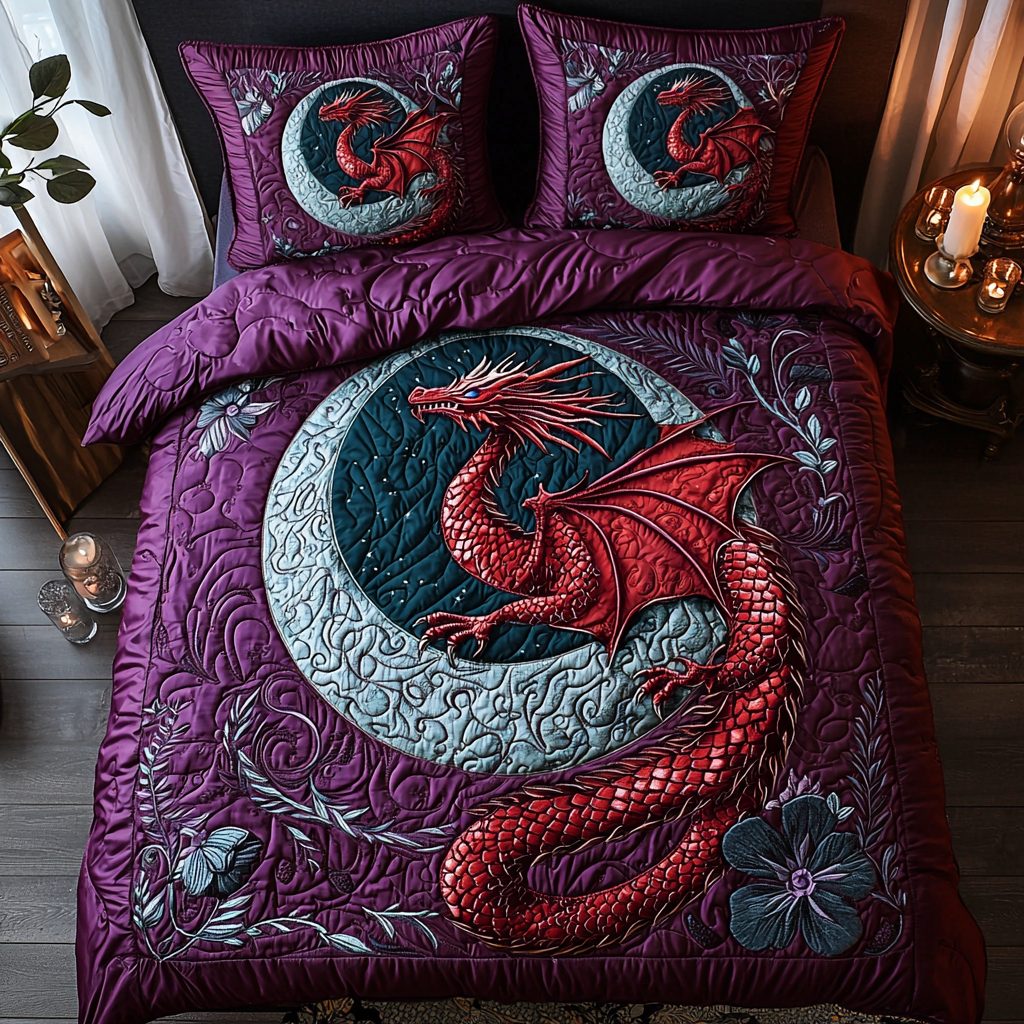 Dragon Sky quilted 3-piece bedding set on a made bed with two matching pillow shams