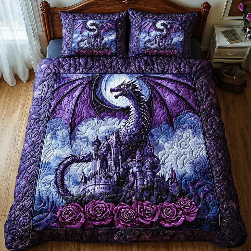 Dragon Storm quilted 3-piece bedding set on a made bed with two matching pillow shams