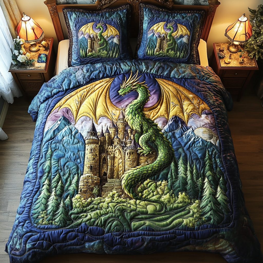 Dragon Tale quilted 3-piece bedding set on a made bed with two matching pillow shams
