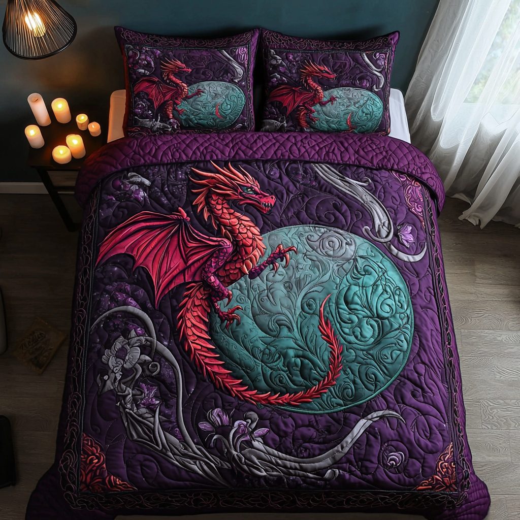 Dragon Whisper quilted 3-piece bedding set on a made bed with two matching pillow shams
